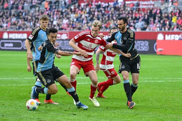 03 05 2024, Soccer, 2 Bundesliga, 32 Matchday Season 2023 2024, Fortuna Düsseldorf 1 FC Nuremberg, Jens Castrop 1 FC Nuremberg , Vincent Vermeij Fortuna Düsseldorf , Ivan Marquez 1 FC Nuremberg xRHR PHOTO TKx Copyright: RHR-FOTOx RHR-FOTO TK