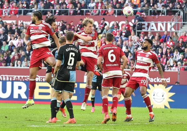 03 05 2024 Soccer Season 2023 2024 2 Soccer Bundesliga 32 Matchday Fortuna Düsseldorf 95 F95 1 FC Nuremberg FCN Club Sportfoto Zink DaMa xdaxmax DFL regulations prohibit any use of photographs as image sequences and or quasi video only for editorial use Goal Goal Shot to 2 1 Goalscorer Ivan Marquez 15, 1 FC Nuremberg FCN by header