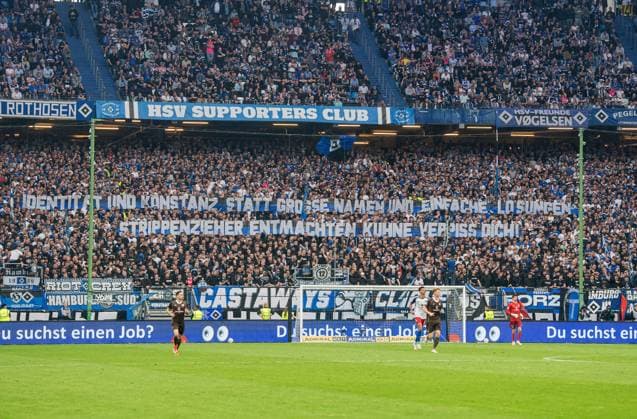 Football, Men, Season 2023 2024, 2 Bundesliga 32 Matchday , Hamburger SV FC St Pauli, Fans of HSV with banners identity and consistency instead of big names and simple solutions disempower string-pullers, Kühne verpiss dich , 03 05 2024, Copyright: xSebastianxRäppold MatthiasxKochx