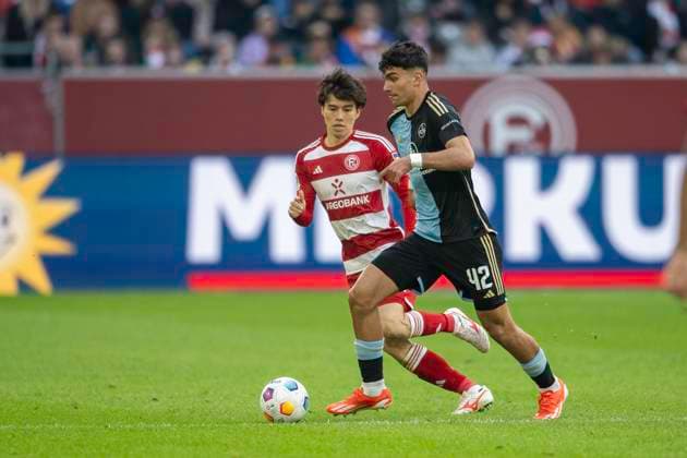 Soccer 2 Bundesliga, Season 2023 2024, Matchday 32, Fortuna Duesseldorf 1 FC Nuernberg on 03 05 2024 in the Merkur Spiel Arena in Duesseldorf duel between Ao Tanaka Fortuna Duesseldorf, 04 and Can Yilmaz Uzun 1 FC Nuernberg, 42 Important note In accordance with the regulations of the DFL German Football League and the DFB German Football Association, it is prohibited to utilize or have utilized photographs taken in the stadium and or of the match in the form of sequential images and or video-like photo series Foto Kirchner Media TH Copyright: xKirchner-Media THx