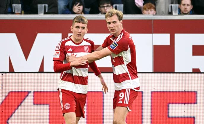 Soccer, 2 Bundesliga, Germany, Men, Season 2023 2024, 32 Matchday, Merkur Spiel Arena Düsseldorf, Fortuna Düsseldorf 1 FC Nürnberg Jubel Isak Bergmann Johannesson F95 after his goal to 3 1 Jubel, Joy, Action DFB DFL REGULATIONS PROHIBIT ANY USE OF PHOTOGRAPHS AS IMAGE SEQUENCES AND OR QUASI VIDEO