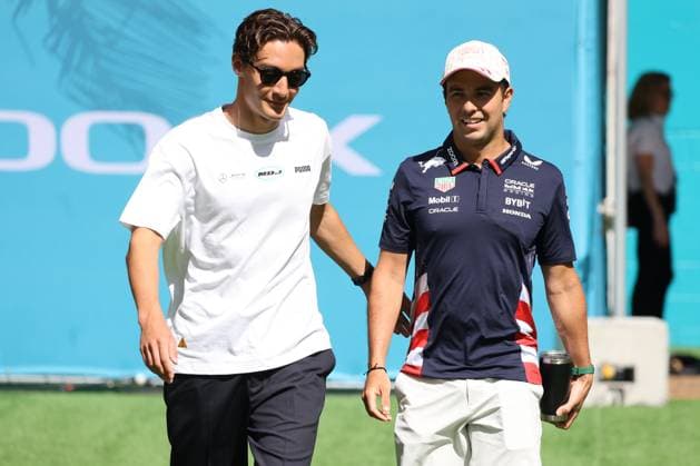 F1 Miami Grand Prix Practice George Russell of Mercedes and Sergio Perez of Red Bull Racing before practice ahead of the Formula 1 Miami Grand Prix at Miami International Autodrome in Miami, United States on May 3, 2024. Miami United States  Copyright: xJakubxPorzyckix originalFilename:porzycki-f1miamig240503_npr59.jpg