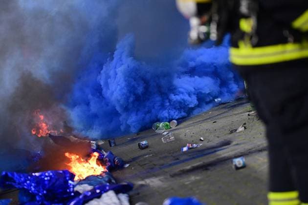 Soccer I Men I 2023 2024 I 2 Bundesliga I 32 Matchday I Hamburger SV FC St Pauli I 3 5 2024 That could have gone wrong the choreo is burning the fire department has to extinguish Hamburg Volksparkstadion Hamburg Germany Copyright: xLobeca AndreasxHannigx