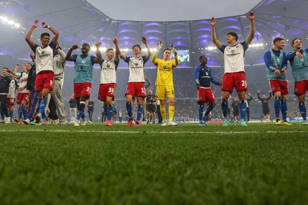 2 Bundesliga Hamburger SV FC St Pauli on 03 05 2024 at Volksparkstadion in Hamburg Cheering about the derby victory at the team of HSV Derby winner MH