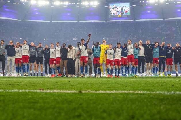 2 Bundesliga Hamburger SV FC St Pauli on 03 05 2024 at Volksparkstadion in Hamburg Cheering about the derby victory at the team of HSV Derby winner MH