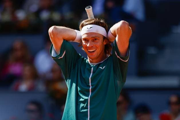 May 3, 2024, Madrid, Madrid, SPAIN: Andrey Rublev of Russia gestures against Taylor Fritz of USA during the Masters 1000 and WTA, Tennis Damen 1000, tournament celebrated at Caja Magica on May 03, 2024 in Madrid, Spain. Madrid SPAIN - ZUMAa181 20240503_zaa_a181_128 Copyright: xIrinaxR.xHipolitox