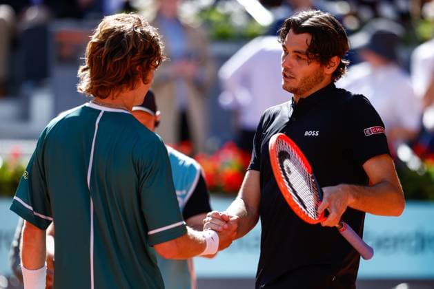 May 3, 2024, Madrid, Madrid, SPAIN: Andrey Rublev of Russia and Taylor Fritz of USA greet each other during the Masters 1000 and WTA, Tennis Damen 1000, tournament celebrated at Caja Magica on May 03, 2024 in Madrid, Spain. Madrid SPAIN - ZUMAa181 20240503_zaa_a181_133 Copyright: xIrinaxR.xHipolitox