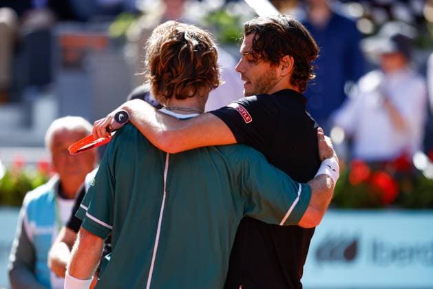 May 3, 2024, Madrid, Madrid, SPAIN: Andrey Rublev of Russia and Taylor Fritz of USA greet each other during the Masters 1000 and WTA, Tennis Damen 1000, tournament celebrated at Caja Magica on May 03, 2024 in Madrid, Spain. Madrid SPAIN - ZUMAa181 20240503_zaa_a181_134 Copyright: xIrinaxR.xHipolitox