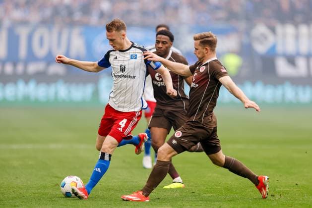 Hamburg, 3 May 2024 Football, 2 Bundesliga 2023 24, Hamburger SV FC St Pauli Sebastian Schonlau Hamburger SV, 4 , Johannes Eggestein FC St Pauli, 11 DFL REGULATIONS PROHIBIT ANY USE OF PHOTOGRAPHS AS IMAGE SEQUENCES AND OR QUASI VIDEO