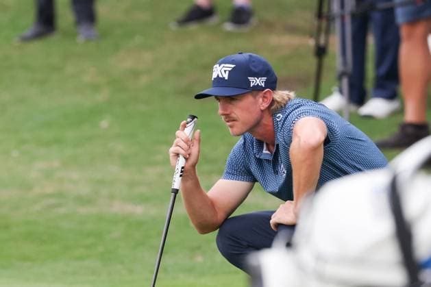 MCKINNEY, TX - MAY 03: Jake Knapp (USA) lines up a birdie putt on the 16th hole during the second round of the PGA, Golf Herren CJ CUP Byron Nelson on May 3, 2024, at TPC Craig Ranch in McKinney, TX. (Photo by David Buono Icon Sportswire) GOLF: MAY 03 PGA CJ CUP Byron Nelson EDITORIAL USE ONLY Icon240503059