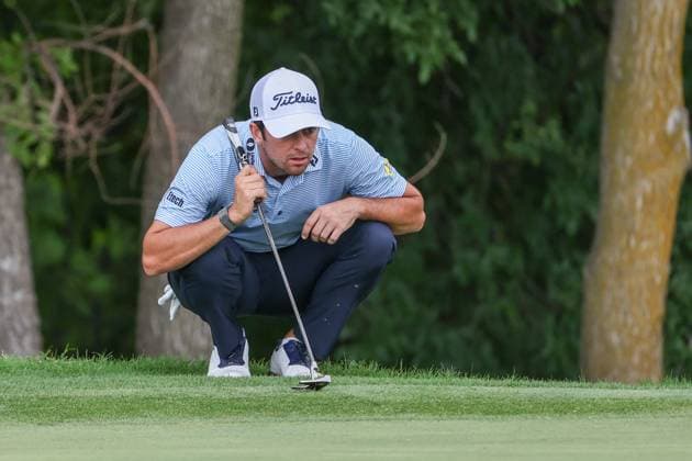 MCKINNEY, TX - MAY 03: Davis Riley (USA) surveys the ninth green while crouching down during the second round of the PGA, Golf Herren CJ CUP Byron Nelson on May 3, 2024, at TPC Craig Ranch in McKinney, TX. (Photo by David Buono Icon Sportswire) GOLF: MAY 03 PGA CJ CUP Byron Nelson EDITORIAL USE ONLY Icon240503090