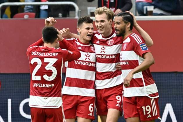 Vincent Vermeij 9, Fortuna Duesseldorf celebrates after the goal to 2 0 with Yannik Engelhardt 6, Fortuna Duesseldorf Emmanuel Iyoha 19, Fortuna Duesseldorf Shinta Appelkamp 23, Fortuna Duesseldorf 03 05 2024 Soccer Fortuna Duesseldorf vs 1 FC Nuernberg , Merkur Spiel Arena, Duesseldorf, DFB DFL REGULATIONS PROHIBIT ANY USE OF PHOTOGRAPHS AS IMAGE SEQUENCES AND OR QUASI VIDEO NRW Germany Copyright: xpepphotox xHorstxMauelshagenx pep00321, pep_20240503_hm