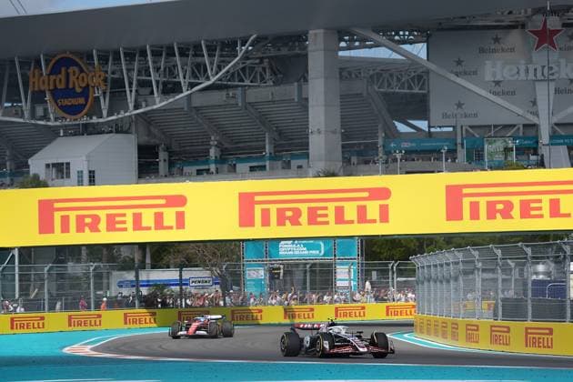 03 05 2024, Miami International Autodrome, Miami, Formula 1 Crypto com Miami Grand Prix,in the picture Nico Hülkenberg DEU , Haas F1 Team, Charles Leclerc MCO , Scuderia Ferrari HP Defodi 506 20240503 hbr 6301 Defodi-506