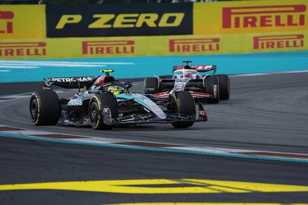Formula 1 Crypto com Miami Grand Prix 03 05 2024, Miami International Autodrome, Miami, Formula 1 Crypto com Miami Grand Prix,pictured Lewis Hamilton GBR , Mercedes AMG Petronas Formula One Team, Kevin Magnussen DNK , Haas F1 Team nordphotoxGmbHx xBratic nph00250