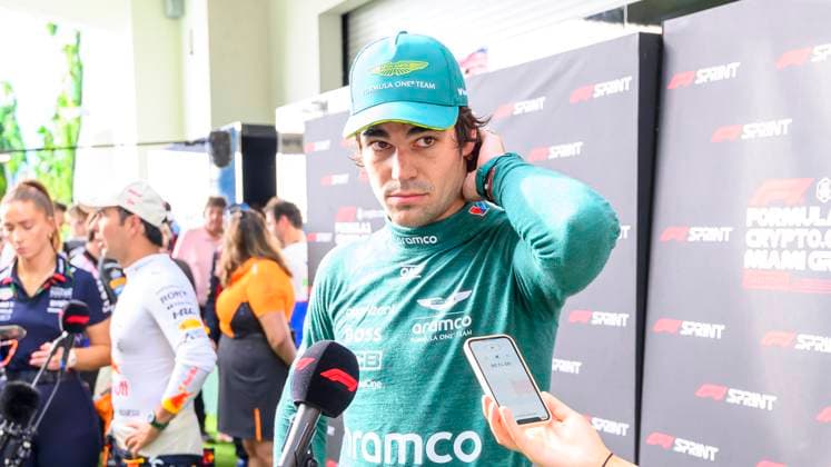 3rd May 2024; Miami International Autodrome, Miami, Florida, USA; Formula 1 Crypto.com Miami Grand Prix 2024; Free Practice Day; Aston Martin Aramco driver Lance Stroll of Canada speaks to the media after the Sprint qualifying session.  ActionPlus12637632 DouglasxMurray