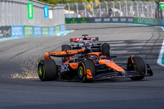 3rd May 2024; Miami International Autodrome, Miami, Florida, USA; Formula 1 Crypto.com Miami Grand Prix 2024; Free Practice Day; Sparks fly as Oscar Piastri of Australia drives the number 81 McLaren during the Sprint qualifying session.  ActionPlus12637611 DouglasxMurray
