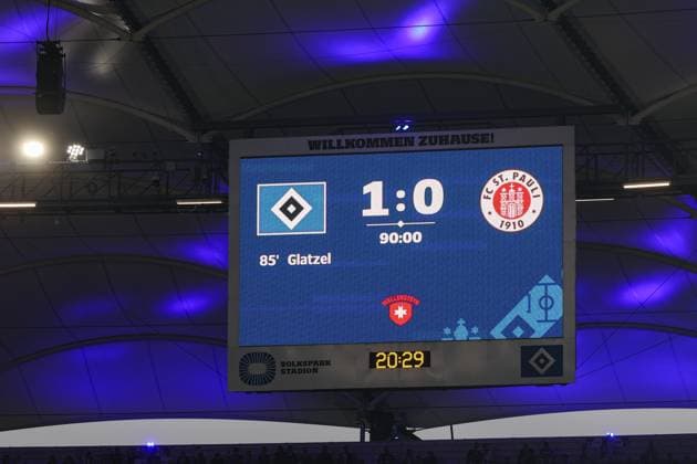 2 Bundesliga Hamburger SV FC St Pauli on 03 05 2024 at Volksparkstadion in Hamburg Scoreboard Video screen with the official final score 1 - 0 MH