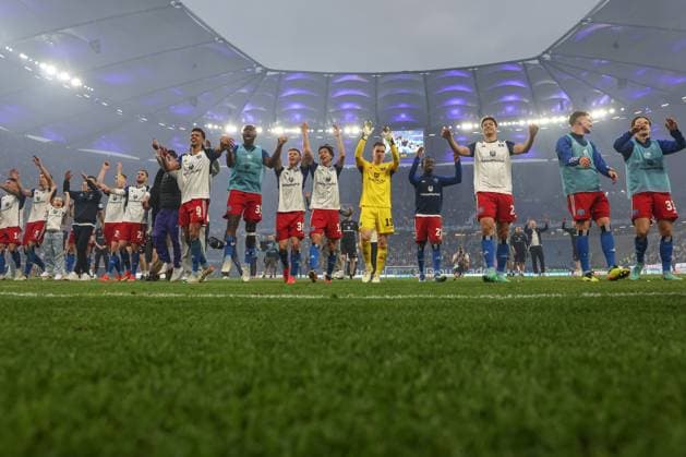 2 Bundesliga Hamburger SV FC St Pauli on 03 05 2024 at Volksparkstadion in Hamburg Cheering about the derby victory at the team of HSV Derby winner MH