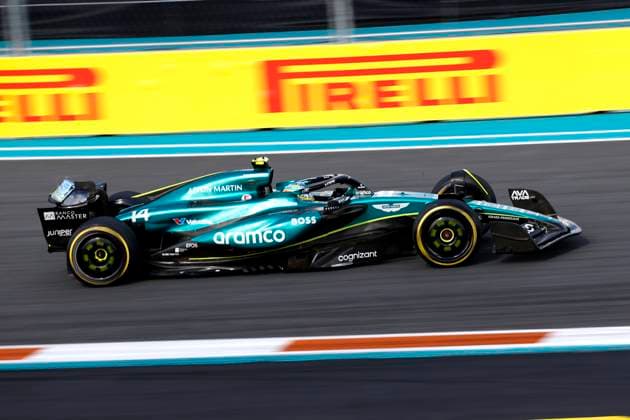 MIAMI GARDENS, FL - MAY 03: Aston Martin Aramco F1 Team driver Fernando Alonso 14 of Spain races into turn 8 during practice for the F1 Crypto.com Miami Grand Prix on May 3, 2024 at Miami International Autodrome in Miami Gardens, FL. (Photo by Jeff Robinson Icon Sportswire) AUTO: MAY 03 F1 Crypto.com Miami Grand Prix EDITORIAL USE ONLY Icon24050348991
