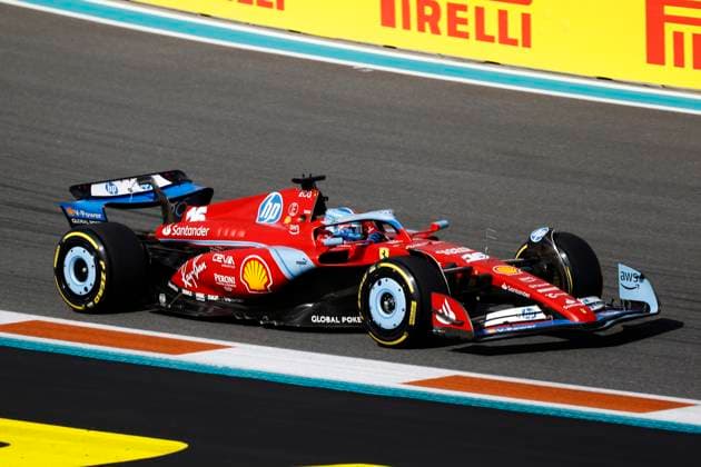 MIAMI GARDENS, FL - MAY 03: Scuderia Ferrari driver Charles Leclerc 16 of Monaco races into turn 8 during practice for the F1 Crypto.com Miami Grand Prix on May 3, 2024 at Miami International Autodrome in Miami Gardens, FL. (Photo by Jeff Robinson Icon Sportswire) AUTO: MAY 03 F1 Crypto.com Miami Grand Prix EDITORIAL USE ONLY Icon24050350431