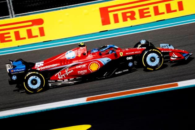 MIAMI GARDENS, FL - MAY 03: Scuderia Ferrari driver Carlos Sainz 55 of Spain races into turn 8 during practice for the F1 Crypto.com Miami Grand Prix on May 3, 2024 at Miami International Autodrome in Miami Gardens, FL. (Photo by Jeff Robinson Icon Sportswire) AUTO: MAY 03 F1 Crypto.com Miami Grand Prix EDITORIAL USE ONLY Icon24050352661