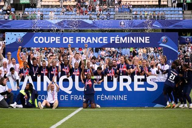 PSG vainqueur de la finale de la Coupe de France FÃ minine 2024 opposant le Paris Saint Germain au FC Fleury 91 au Stade de la Mosson, a Montpellier le 4 mai 2024. FOOTBALL : PSG vs. FC Fleury 91 - Finale Coupe de France Feminine - 04 05 2024 ValentinaClaret Panoramic 