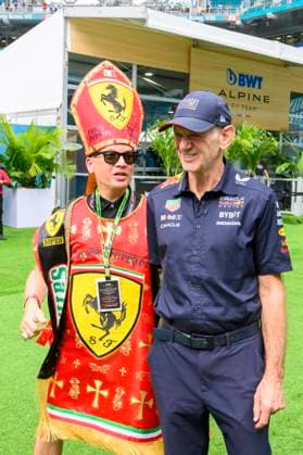 4th May 2024; Miami International Autodrome, Miami, Florida, USA; Formula 1 Crypto.com Miami Grand Prix 2024; Qualifying Day; Red Bull engineer and Chief Technical Officer Adrian Newey poses with Papa Ferrari in the Team Village.  ActionPlus12638054 DouglasxMurray