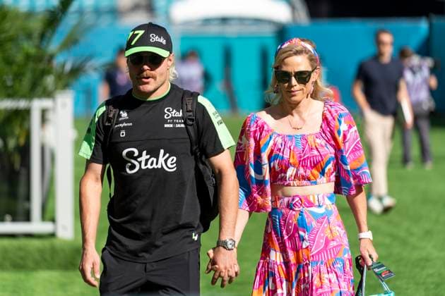 Finnish Formula One driver Valtteri Bottas of Stake F1 Team and Tiffany Cromwell arrive to the paddock during the Formula One Miami Grand Prix at the Miami International Autodrome in Miami Gardens, Florida on Saturday, May 4, 2024  MIA20240504402 GREGxNASH