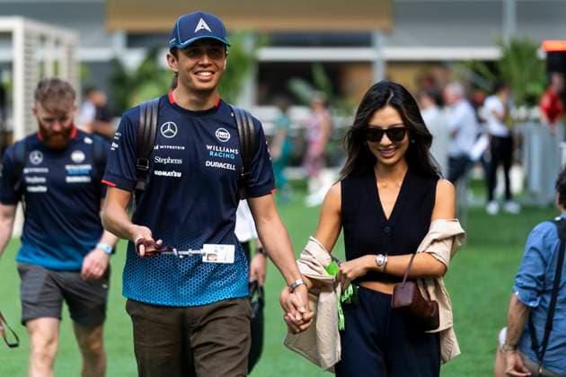 Thai Formula One driver Alex Albon of Williams Racing and Lily Muni He arrive to the paddock during the Formula One Miami Grand Prix at the Miami International Autodrome in Miami Gardens, Florida on Saturday, May 4, 2024  MIA20240504403d GREGxNASH