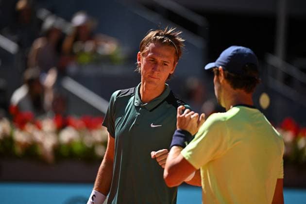 Mutua Madrid Open Sebastian Korda (USA) with Jordan Thompson (AUS) during the double final match at the Mutua Madrid Open in Madrid , Spain, on May, 4, 2024. Photo by Corinne Dubreuil ABACAPRESS.COM Madrid Spain  Copyright: xDubreuilxCorinne ABACAx