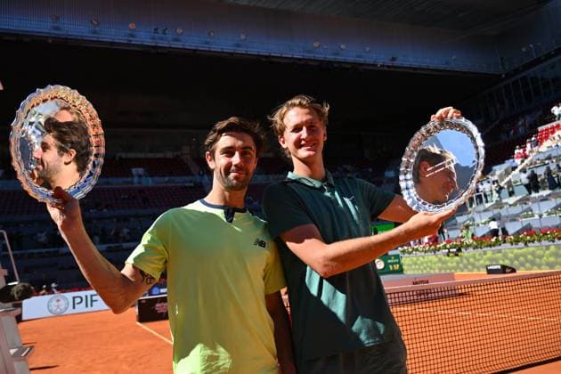 Mutua Madrid Open Sebastian Korda (USA) with Jordan Thompson (AUS) during the double final match at the Mutua Madrid Open in Madrid , Spain, on May, 4, 2024. Photo by Corinne Dubreuil ABACAPRESS.COM Madrid Spain  Copyright: xDubreuilxCorinne ABACAx