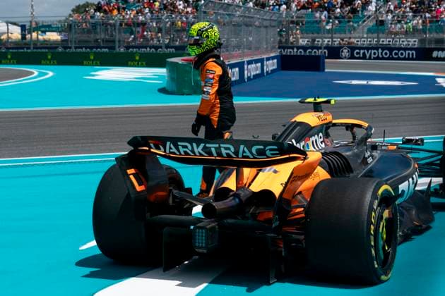 British Formula One driver Lando Norris of McLaren F1 Team gets out of his car following contact with another car in turn one at the start of the sprint race during the Formula One Miami Grand Prix at the Miami International Autodrome in Miami Gardens, Florida on Saturday, May 4, 2024  MIA20240504427 GREGxNASH