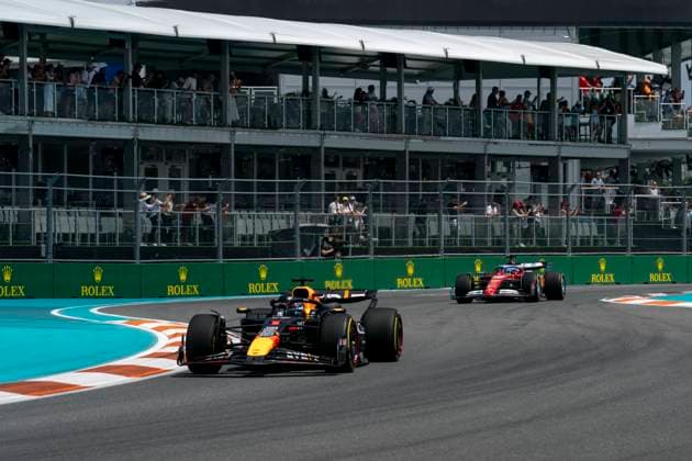 Dutch Formula One driver Max Verstappen of Red Bull Racing leads Monaco s Formula One driver Charles Leclerc of Scuderia Ferrari in the sprint race during the Formula One Miami Grand Prix at the Miami International Autodrome in Miami Gardens, Florida on Saturday, May 4, 2024  MIA20240504430 GREGxNASH