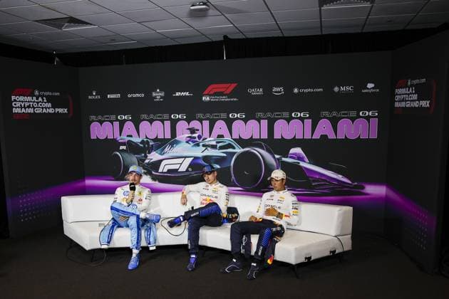 Sprint Race press conference, PK, Pressekonferenz LECLERC Charles (mco), Scuderia Ferrari HP SF-24, VERSTAPPEN Max (ned), Red Bull Racing RB20, PEREZ Sergio (mex), Red Bull Racing RB20, portrait during the Formula 1 Crypto.com Miami Grand Prix 2024, 6th round of the 2024 Formula One World Championship, WM, Weltmeisterschaft from May 3 to 5, 2024 on the Miami International Autodrome, in Miami, United States of America - F1 - MIAMI GRAND PRIX 2024 DPPI Panoramic 240504_R06_MIAMI_DP_EA015310