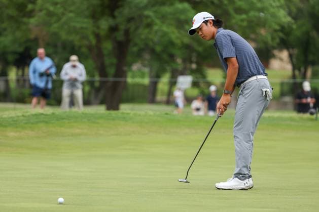 MCKINNEY, TX - MAY 04: Kris Kim (a) (ENG) misses a birdie attempt on the 10th green during the third round of the PGA, Golf Herren CJ CUP Byron Nelson on May 4, 2024, at TPC Craig Ranch in McKinney, TX. (Photo by David Buono Icon Sportswire) GOLF: MAY 04 PGA CJ CUP Byron Nelson EDITORIAL USE ONLY Icon240504078