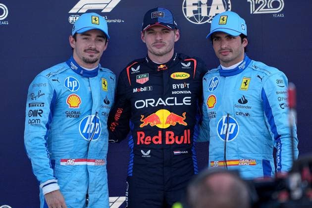 04 05 2024, Miami International Autodrome, Miami, Formula 1 Crypto com Miami Grand Prix,in the picture pole position for Max Verstappen NLD , Oracle Red Bull Racing, 2 starting position for Charles Leclerc MCO , Scuderia Ferrari HP, 3 starting position for Carlos Sainz Jr ESP , Scuderia Ferrari HP Defodi 506 20240504 hbr 5053 Defodi-506