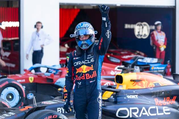 Dutch Formula One driver Max Verstappen of Red Bull Racing waves to fans in parc fermé after getting pole position in qualifying for the Formula One Miami Grand Prix at the Miami International Autodrome in Miami Gardens, Florida on Saturday, May 4, 2024  MIA20240504471 GREGxNASH