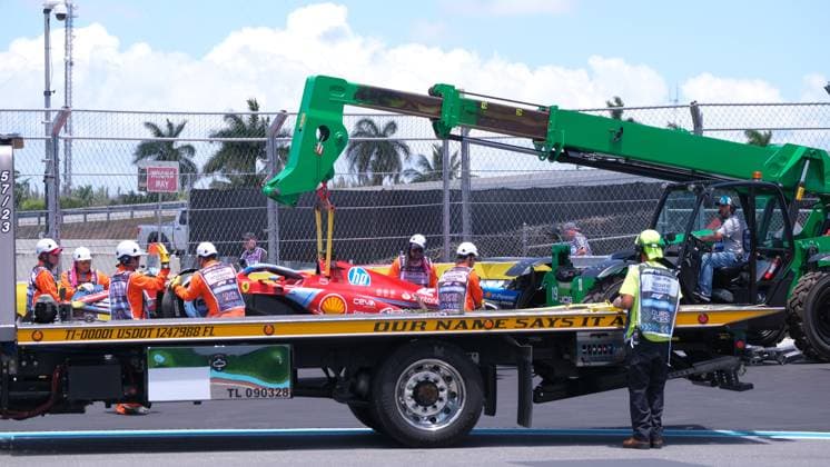 May 4, 2024, Miami, Fl, USA: MAY 02, 2024: Charles Leclerc 16 wrecked car on the lift during the Formula 1 Crypto.com Miami Grand Prix race week in Miami, FL. Jason Pohuski BMR Miami USA - ZUMAb241 20240504_zsa_b241_006 Copyright: xJasonxPohuskix xBmrx