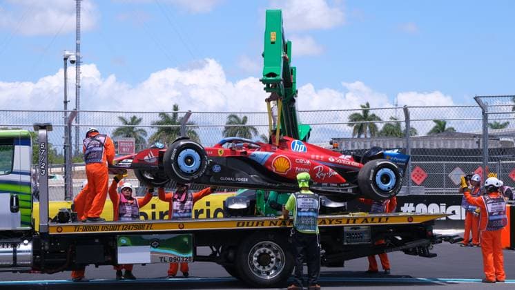 May 4, 2024, Miami, Fl, USA: MAY 02, 2024: Charles Leclerc 16 wrecked car on the lift during the Formula 1 Crypto.com Miami Grand Prix race week in Miami, FL. Jason Pohuski BMR Miami USA - ZUMAb241 20240504_zsa_b241_024 Copyright: xJasonxPohuskix xBmrx