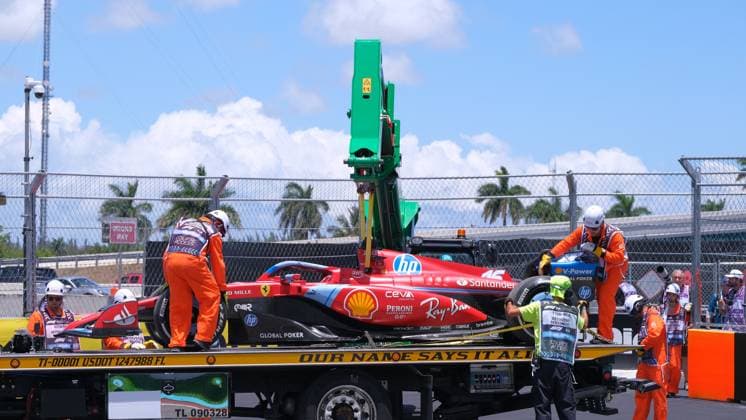 May 4, 2024, Miami, Fl, USA: MAY 02, 2024: Charles Leclerc 16 wrecked car on the lift during the Formula 1 Crypto.com Miami Grand Prix race week in Miami, FL. Jason Pohuski BMR Miami USA - ZUMAb241 20240504_zsa_b241_028 Copyright: xJasonxPohuskix xBmrx