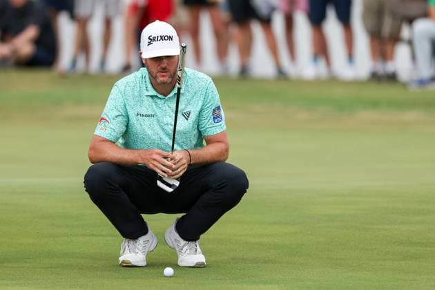 MCKINNEY, TX - MAY 04: Tyler Pendrith (CAN) lines up a birdie putt on the 13th hole during the third round of the PGA, Golf Herren CJ CUP Byron Nelson on May 4, 2024, at TPC Craig Ranch in McKinney, TX. (Photo by David Buono Icon Sportswire) GOLF: MAY 04 PGA CJ CUP Byron Nelson EDITORIAL USE ONLY Icon240504155