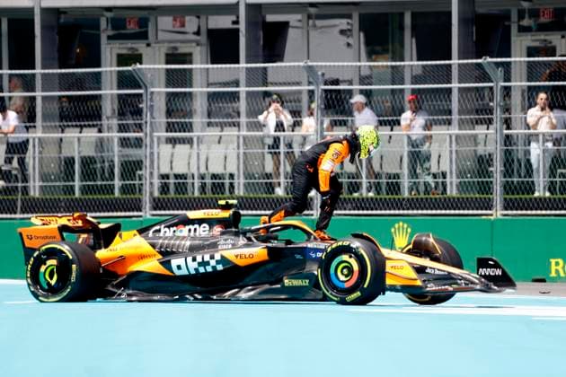 MIAMI GARDENS, FL - MAY 04: McLaren Formula 1 Team driver Lando Norris 4 of United Kingdom climbs out of his race car during the running of the F1 Sprint Race on May 4, 2024 at the Miami International Autodrome in Miami Gardens, FL. (Photo by Jeff Robinson Icon Sportswire) AUTO: MAY 04 F1 Crypto.com Miami Grand Prix EDITORIAL USE ONLY Icon2405049861
