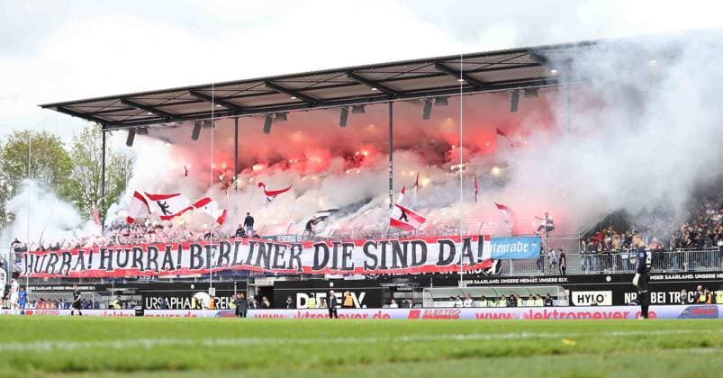 05 05 2024, Football, Men, 2 Bundesliga, Season 2023 2024, SV 07 Elversberg Hertha BSC Berlin, Fans of Hertha BSC ignite pyrotechnics Elversberg Ursapharm Arena an der Kaiserlinde Saarland Germany EN