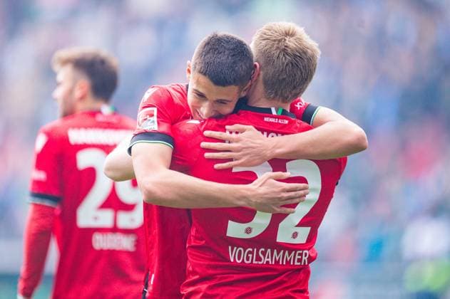 05 05 2024 Soccer, 2023 2024, 1 Bundesliga, Matchday 32, Hannover 96 SC Paderborn 07 R Andreas Voglsammer Hannover celebrates after his goal to 2 0 with L Nicolo Tresoldi Hannover DFL REGULATIONS PROHIBIT ANY USE OF PHOTOGRAPHS AS IMAGE SEQUENCES AND OR QUASI VIDEO
