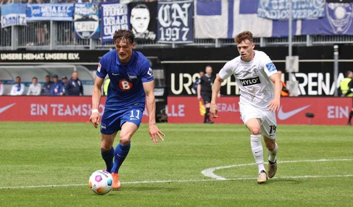 05 05 2024, Soccer, Men, 2 Bundesliga, Season 2023 2024, SV 07 Elversberg Hertha BSC Berlin, Fabian Reese Hertha BSC Robin Fellhauer SV 07 Elversberg Elversberg Ursapharm Arena an der Kaiserlinde Saarland Germany EN