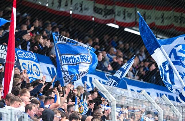 Germany, Spiesen Elversberg, 05 05 2024, Ursapharm Arena at Kaiserlinde, SV Elversberg vs Hertha BSC 2 Bundesliga, fans of Hertha BSC wave flags Spiesen Elversberg Ursapharm Arena at Kaiserlinde Saarland Germany eu-images-121