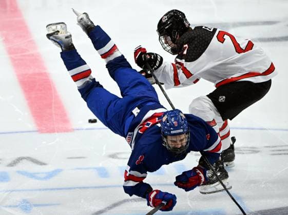 Teddy Stiga of USA collides with Charlie Elick (R) of Canada during the 2024 IIHF Ice hockey, Eishockey U18 world championships final match between the United States and Canada in Espoo, Finland, on May 5, 2024. Espoo Finland LKFTJ20240505181011RCOX  Copyright: xJussixNukarix LKFTJ20240505181011RCOX