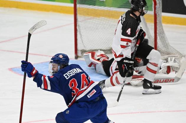 Cole Eiserman of USA celebrates his 2-1 goal during the 2024 IIHF Ice hockey, Eishockey U18 world championships final match between the United States and Canada in Espoo, Finland, on May 5, 2024. Espoo Finland LKFTJ20240505191849ILFQ  Copyright: xJussixNukarix LKFTJ20240505191849ILFQ