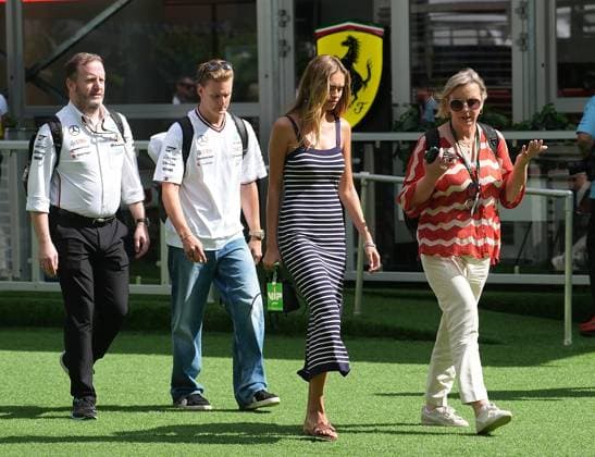 Formula 1 Crypto com Miami Grand Prix 05 05 2024, Miami International Autodrome, Miami, Formula 1 Crypto com Miami Grand Prix,pictured Media Director Bradley Lord Mercedes , test driver Mick Schumacher DEU , Mercedes AMG Petronas Formula One Team with girlfriend Laila Hasanovic and manager Sabine Kehm nordphotoxGmbHx xBratic nph00250