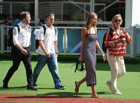Formula 1 Crypto com Miami Grand Prix 05 05 2024, Miami International Autodrome, Miami, Formula 1 Crypto com Miami Grand Prix,pictured Media Director Bradley Lord Mercedes , test driver Mick Schumacher DEU , Mercedes AMG Petronas Formula One Team with girlfriend Laila Hasanovic and manager Sabine Kehm nordphotoxGmbHx xBratic nph00250